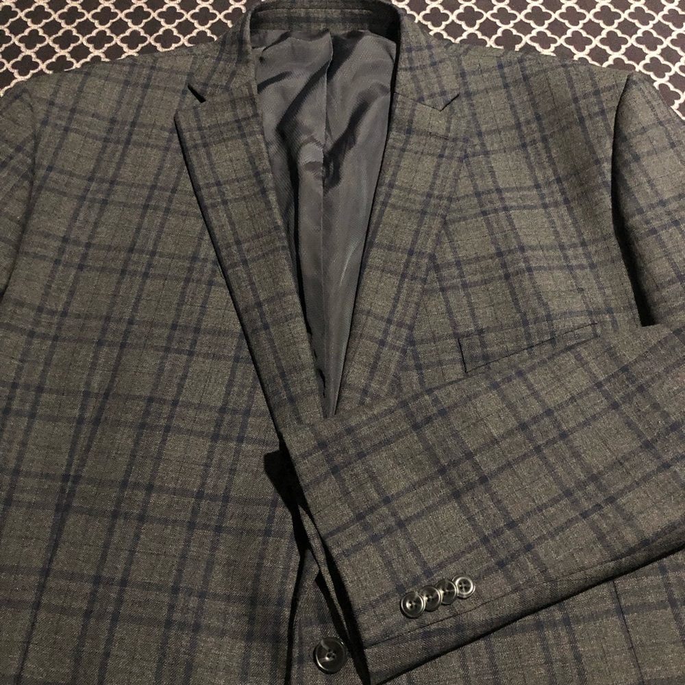 Michael Kors Mens Gray Blue Sport Coat Wool Windowpane Plaid 2 Button 54L Fg12